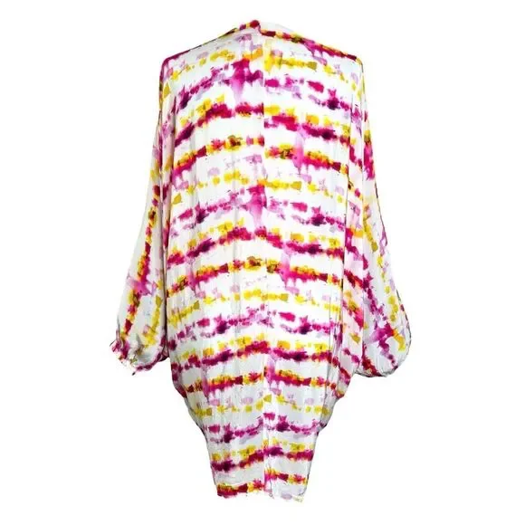Anthropologie Pink Yellow Tie Dye Kimono Boho Festival Vacation Top OS - Picture 5 of 12
